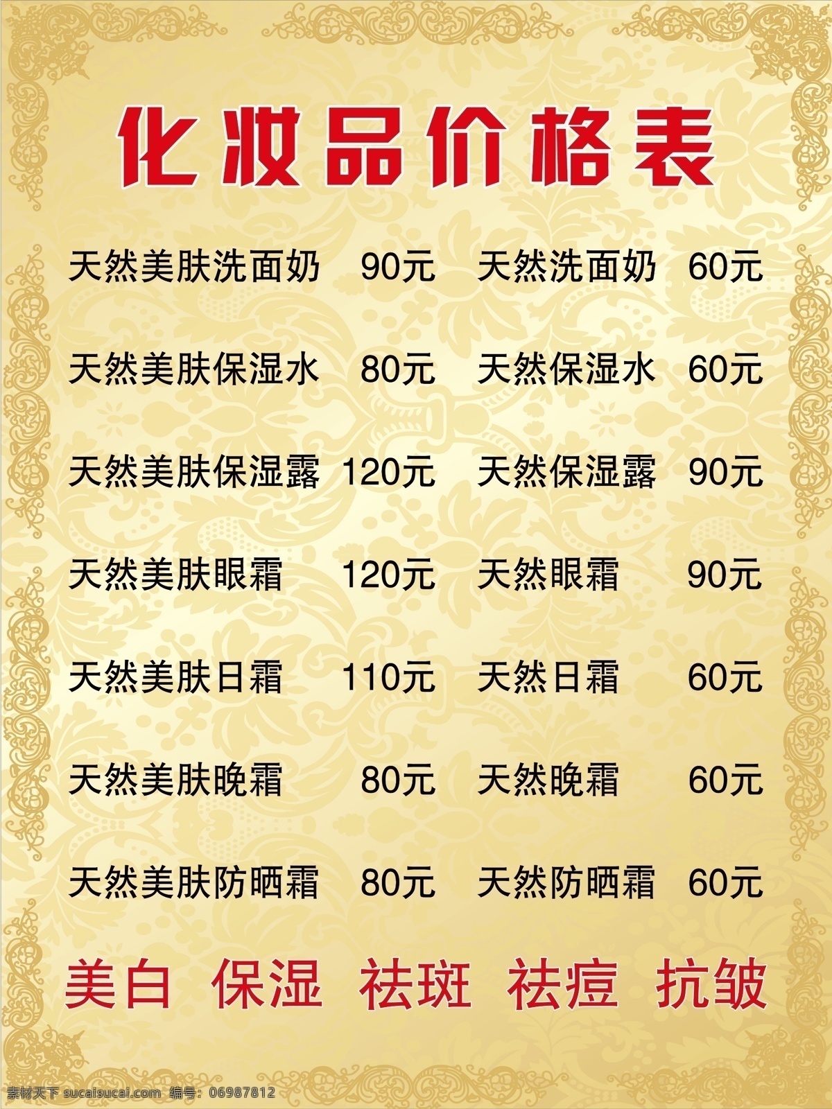 化妆品价格表 价格表 化妆品 美白 保湿 抗皱 展板模板