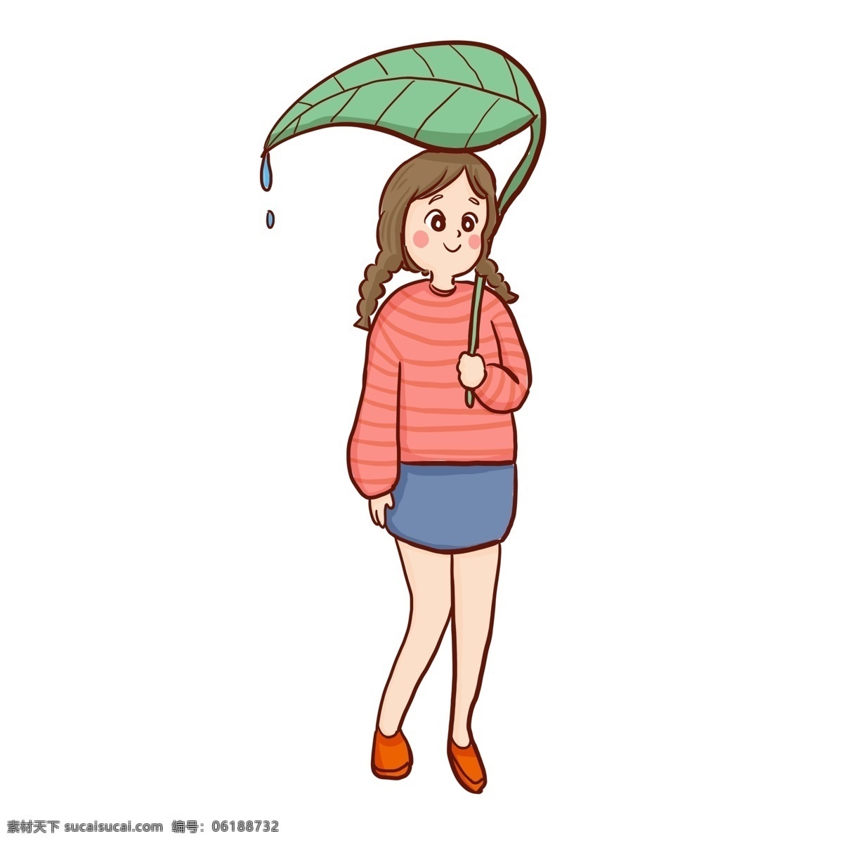 卡通 手绘 撑 树叶 伞 小女孩 漫画 人物 树叶伞 小女生 春季