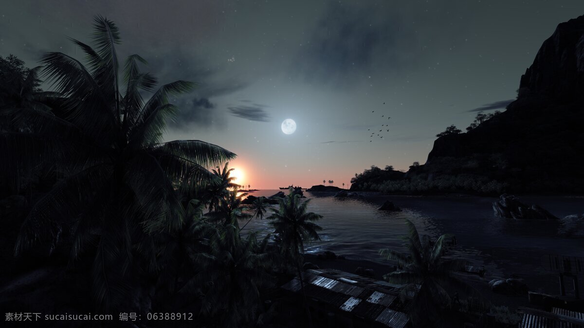 夜空 海滩 明月 夜晚 自然风光 自然景观 极夜 psd源文件