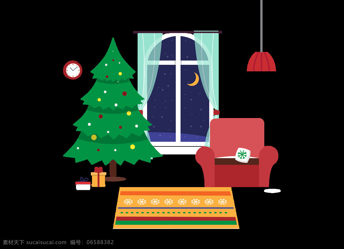 卡通 圣诞树 平安夜 元素 圣诞节 沙发 地毯 扁平 夜晚 png元素 免抠元素 透明元素