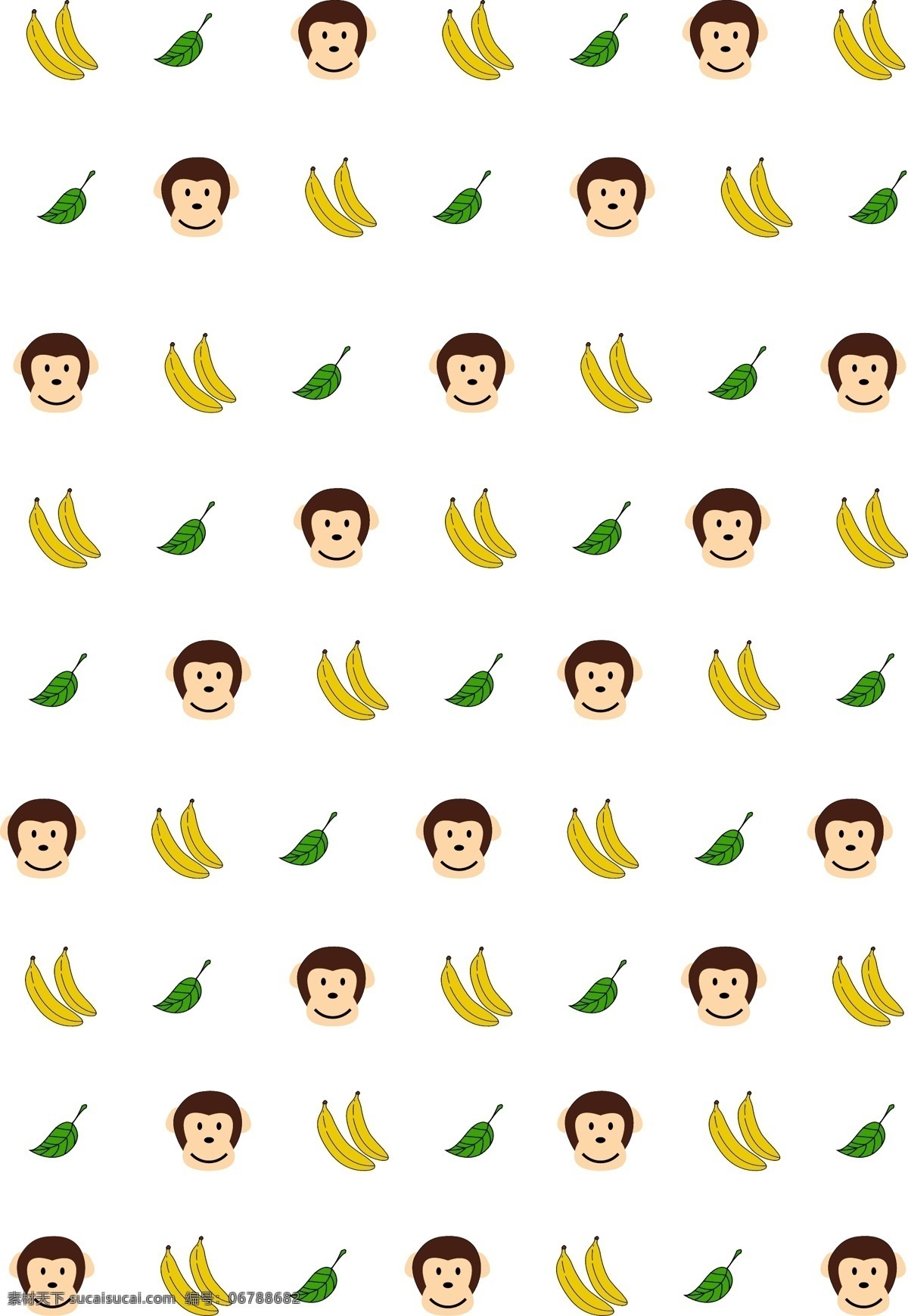 手绘 香蕉 底纹 插画 手绘香蕉 黄色香蕉 香蕉底纹插画 可爱 猴子 头 绿色的叶子 树叶底纹