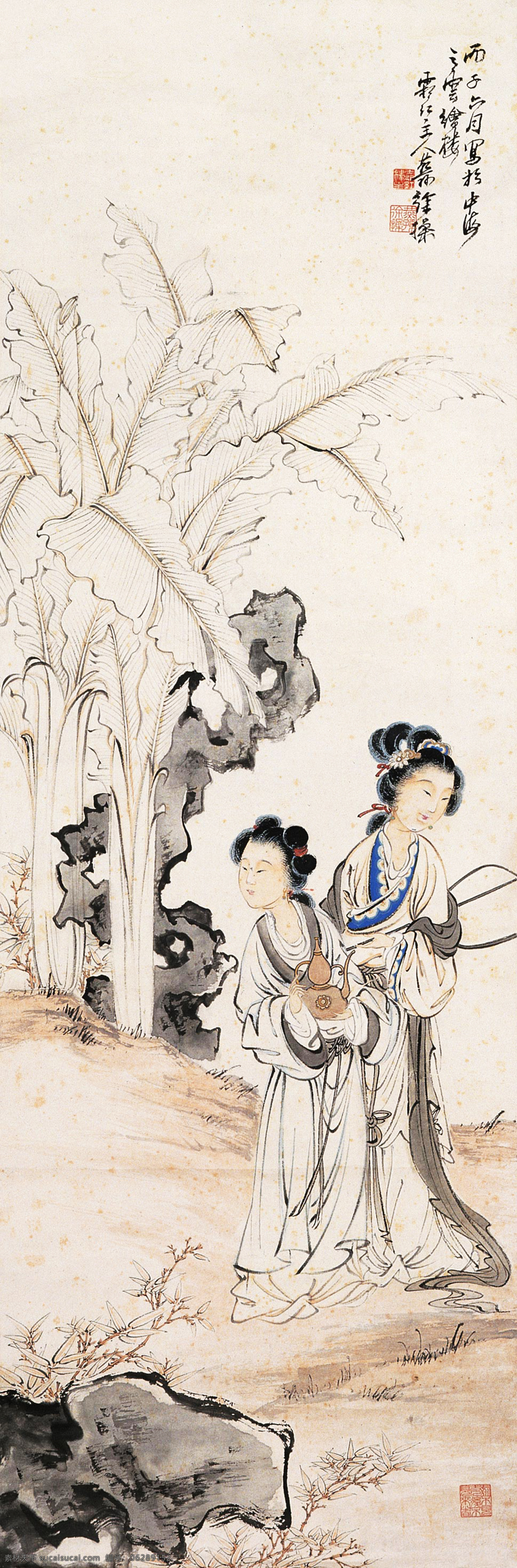 徐燕孙 国画 仕女 人物 燕孙 徐操 小姐 丫鬟 仆人 茶壶 扇子 岩石 芭蕉 绘画书法 文化艺术