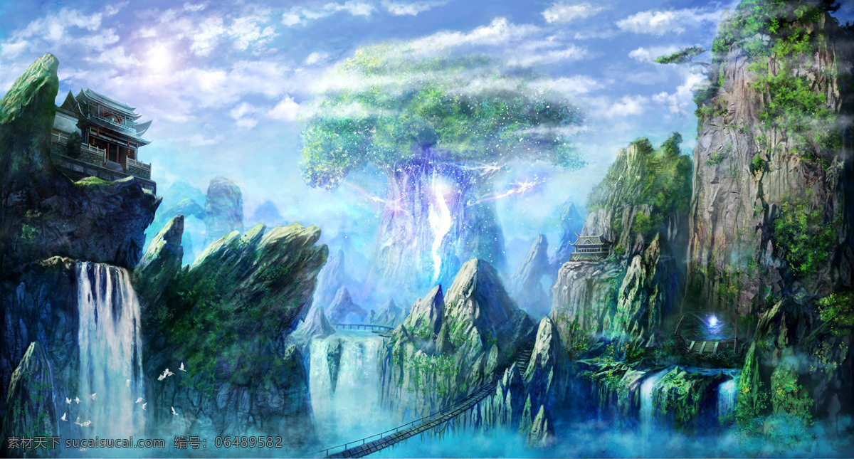唯美风景 世界树 生命树 巨树 树冠 奇幻 魔幻 古代 唯美 山石 石头 山峰 密林 建筑 古代建筑 瀑布 云彩 悬崖 光点 光斑 门 精灵 吊桥 光华 祭坛 仙 风景漫画 动漫动画