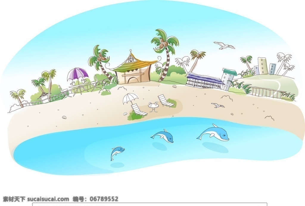 沙滩 度假村 矢量 插画 海滩 沙滩椅 大海 海豚 夏威夷风情 热带风光 椰树 蓝天 太阳伞 矢量插画 动漫动画 风景漫画