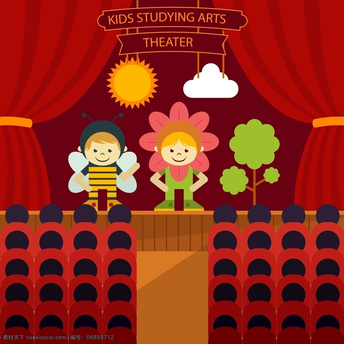 卡通 少儿 表演 插画 矢量 太阳 花朵 蜜蜂 云朵 树木 观众席 幕布 少儿表演 舞台 孩子 舞台剧 文化艺术 节日庆祝