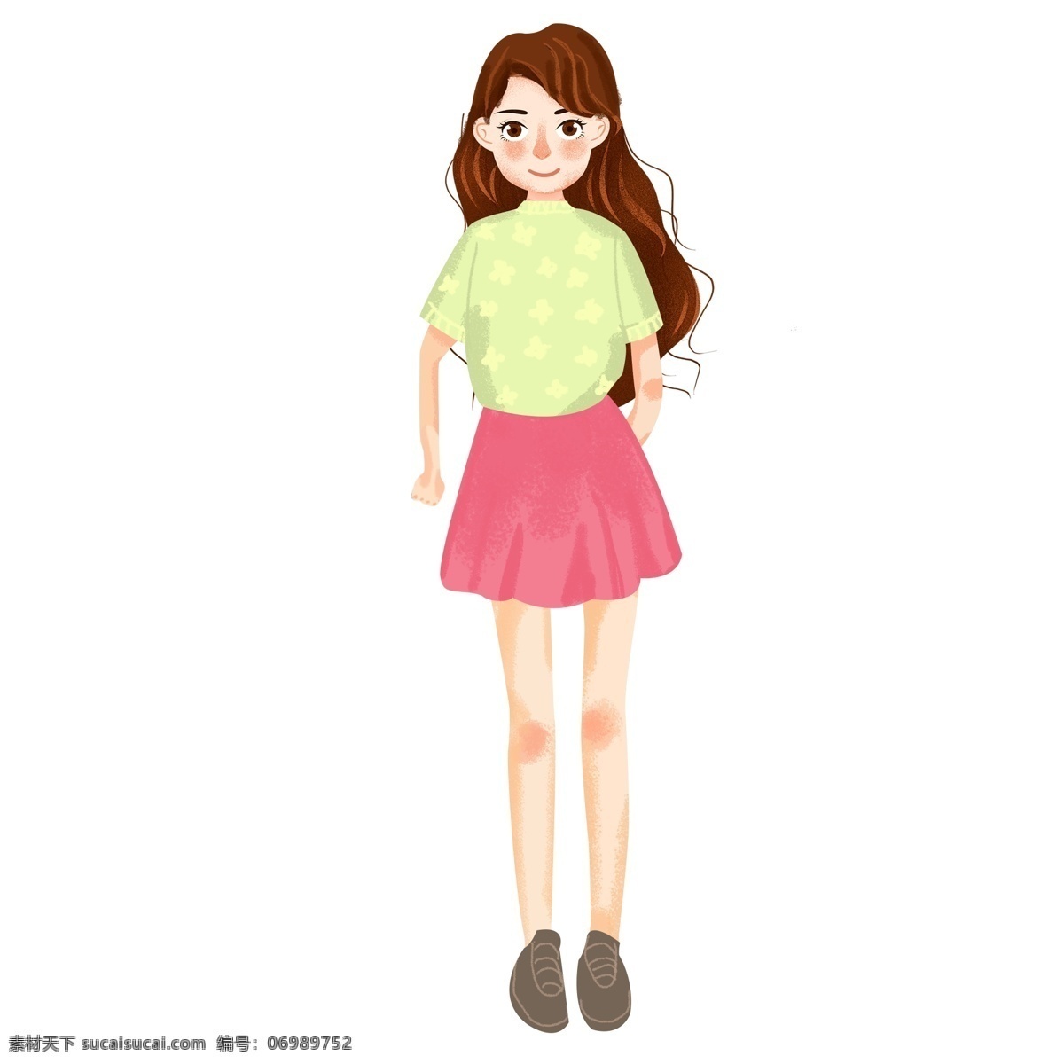彩色 长发 穿 裙子 美女 元素 创意 衣服 眼睛 害羞 嘴巴 鼻子 鞋子 卡通插画 身材 短袖