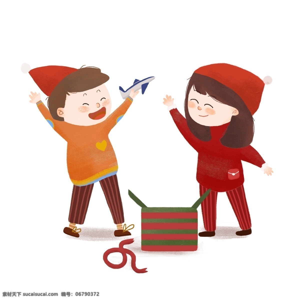 收到 礼物 开心 两个 小朋友 圣诞节 小男孩儿 小女孩儿 礼物盒子 飞机玩具 手舞足蹈 表情 帽子 卡通 手绘 红色 白色