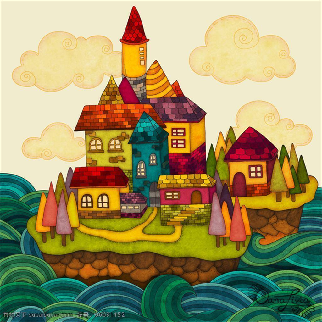 海浪中央 插 画集 插画集 插图素材 色彩 绚丽色彩 海浪 房子 白色