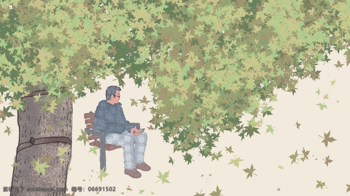秋分 枫树 乘凉 插画 男孩 落叶 秋分枫插画 手机用图 微博配图 公众号配图