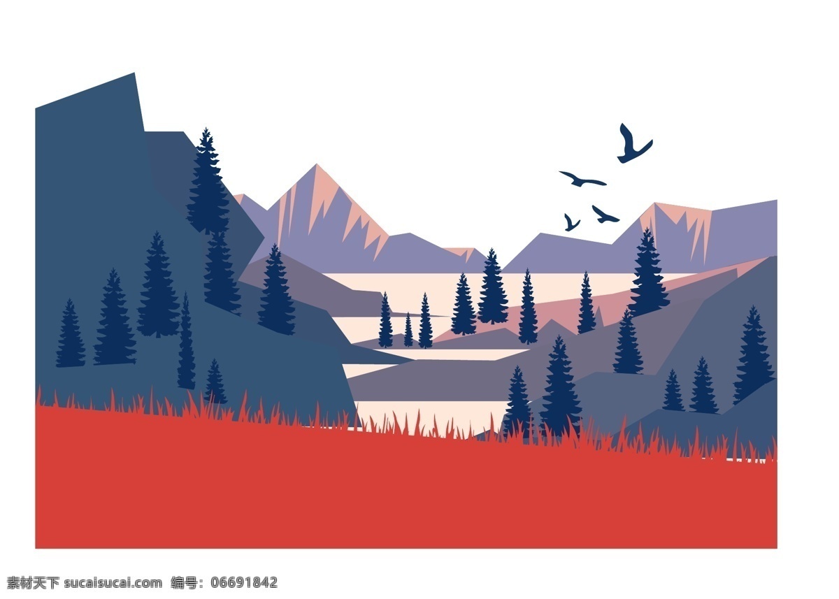 矢量 手绘 卡通 风景 红色的草地 蓝色的树 黄色的湖面 蓝色的山 蓝色的飞鸟 免扣
