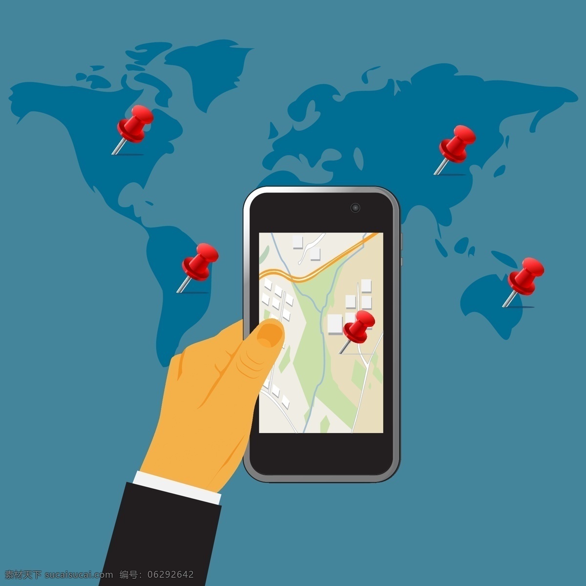 手机 地图 上 图钉 位置 卡通 插画 科技 通讯 商务 通讯科技 现代科技 矢量素材