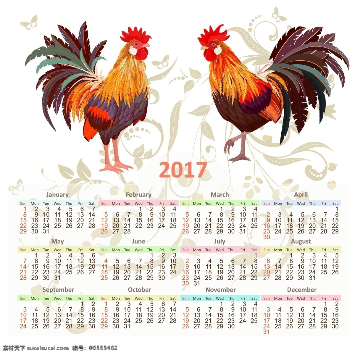 2017 年 彩绘 公鸡 年历 矢量 单张 模板 年历模板 鸡年 2017年 矢量图