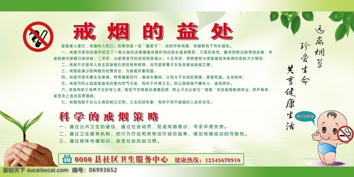 戒烟 禁烟 戒烟的益处 科学 策略 禁止吸烟标语 禁烟标志 卡通禁烟标志 手捧绿苗 绿叶 绿色背景 展板模板 广告设计模板 源文件