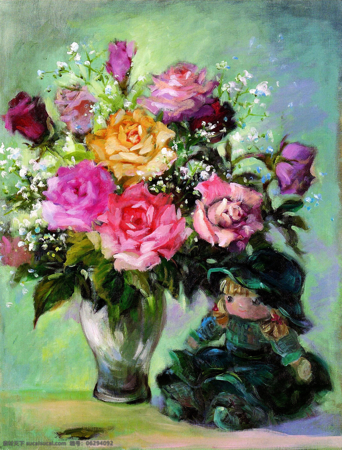 花朵 花卉 花瓶 绘画书法 玫瑰花 美术 文化艺术 静物玫瑰花 油画 静物画 玫瑰画 油画艺术 油画作品44 装饰素材