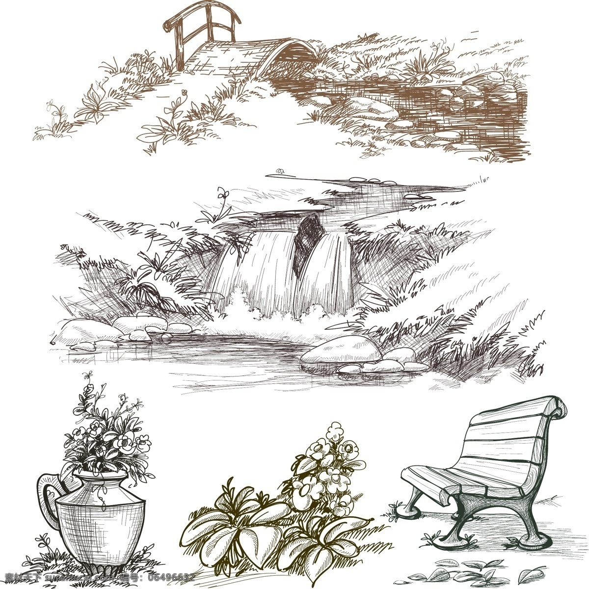 手绘风景 瀑布 素描 小桥流水 山水 描绘风景 矢量 山水风景 自然景观