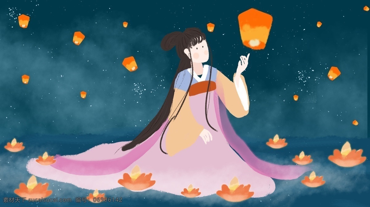 中元节 河 灯 祈愿 古装 美女 孔明灯 手绘 原创 配 图 河灯 古装美女 中国风 七月半 河灯祈愿 原创配图