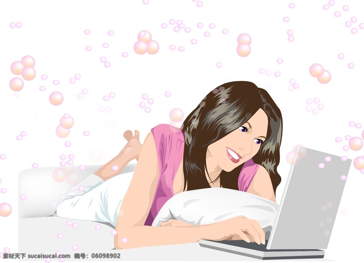 美丽 女孩 躺 聊天 笔记本电脑 美丽的 与她 人的载体 白色