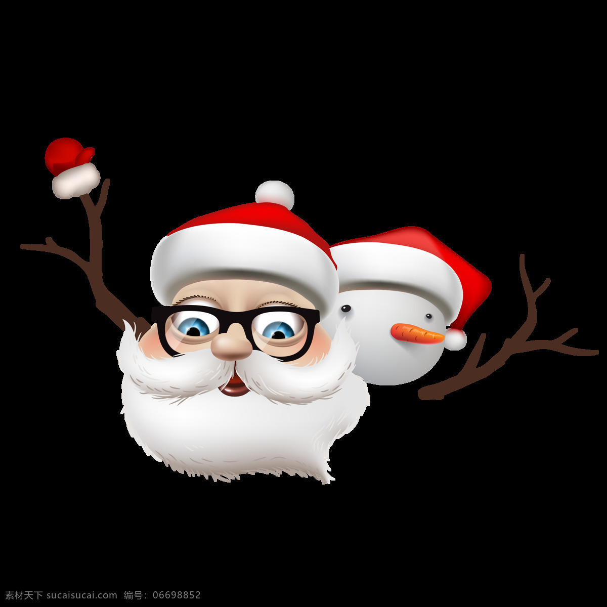 可爱 卡通 圣诞老人 手绘 树枝 圣诞帽 雪人