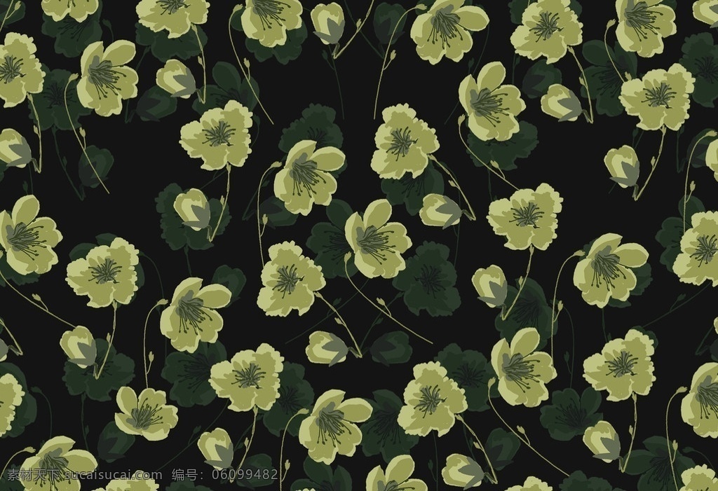 绿色小花朵 绿色 小花朵 桃花 黑底花纹 分层 源文件