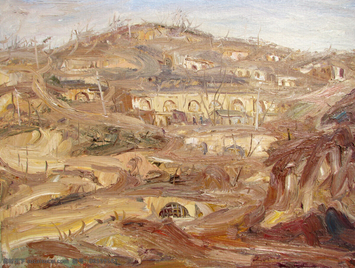 风景 绘画书法 美术 民居 山岭 山坡 树木 黄土地 油画 西北 黄土高原 村子 窑洞 山道 油画艺术 油画作品39 文化艺术