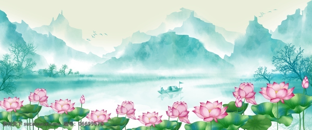六月 荷花 荷塘 海报 背景 六月花卉 中国风山 荷花背景 云雾缭绕 禅意 电商 古风 红花 祥云