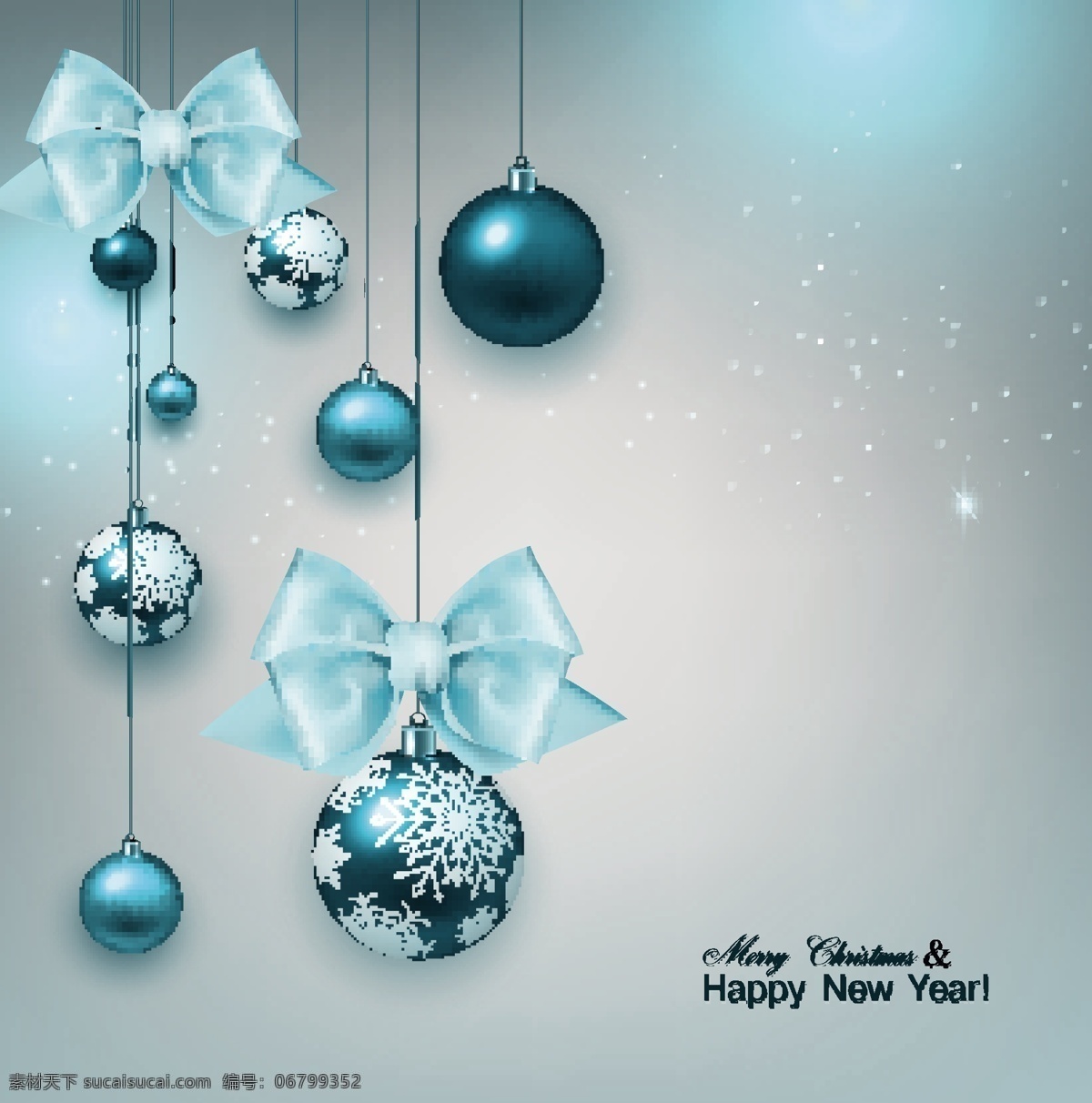 精致 蓝色 节日 吊球 背景 矢量 蝴蝶结 丝带 星光 光晕 璀璨 圣诞 新年 新春 春节 贺卡 卡片 海报 祝福 矢量节日 文化艺术 节日庆祝