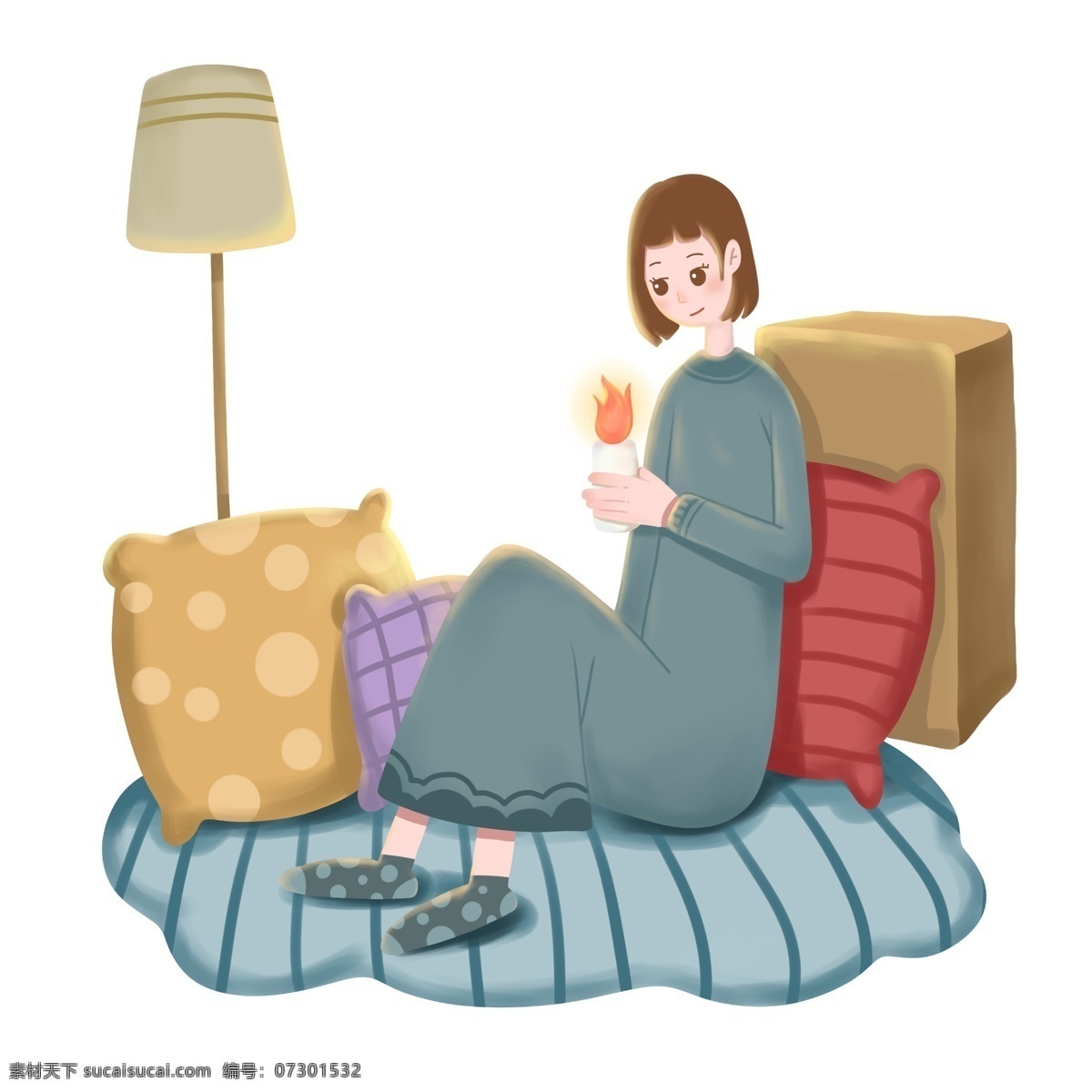 手 蜡烛 女孩 插画 地球一小时 枕头 抱枕 落地灯装饰 环保 节能 燃烧的蜡烛