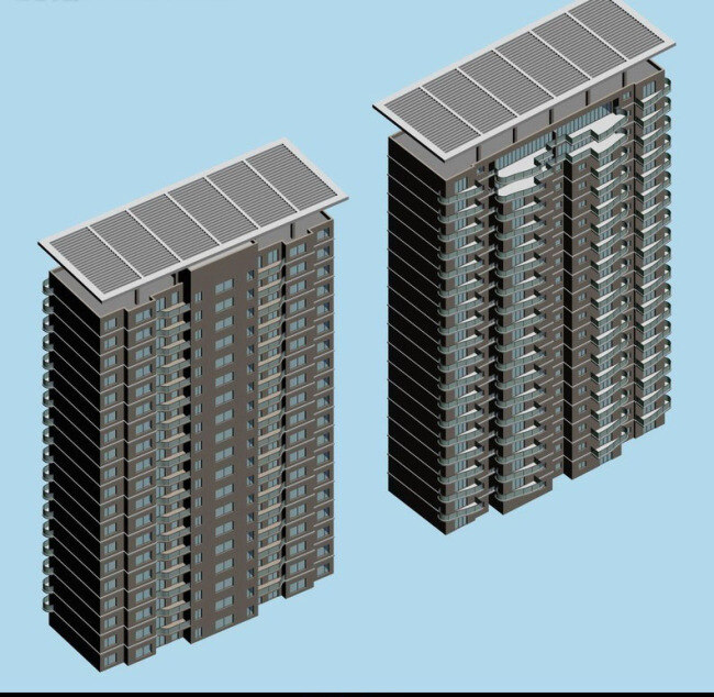 两 栋 太阳能 顶 板式 住宅楼 模型 住宅楼模型 板式住宅楼 3d模型素材 建筑模型