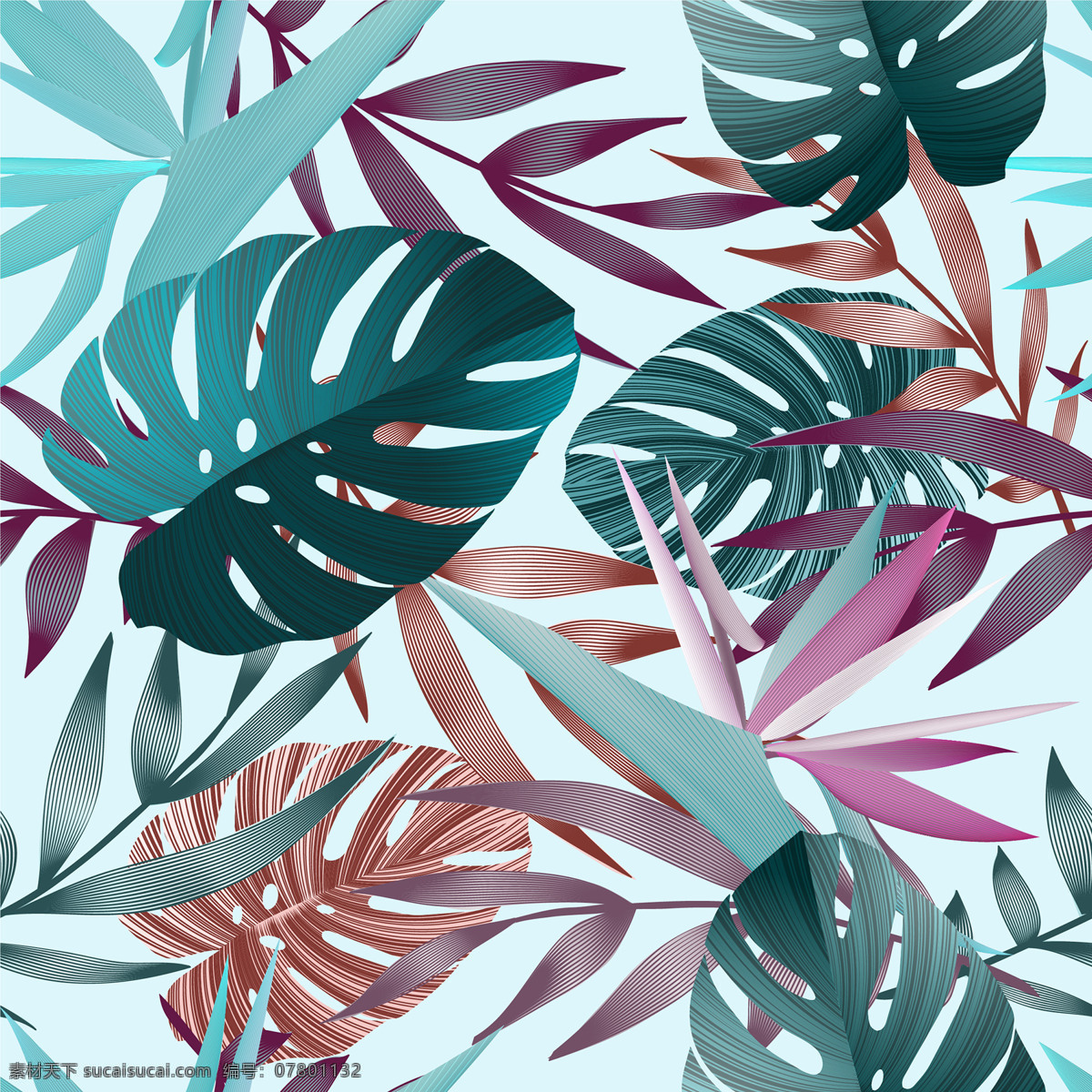 热带树叶 矢量图 满身图案 热带植物 龟背竹 数码印花 服装 树叶 大叶子