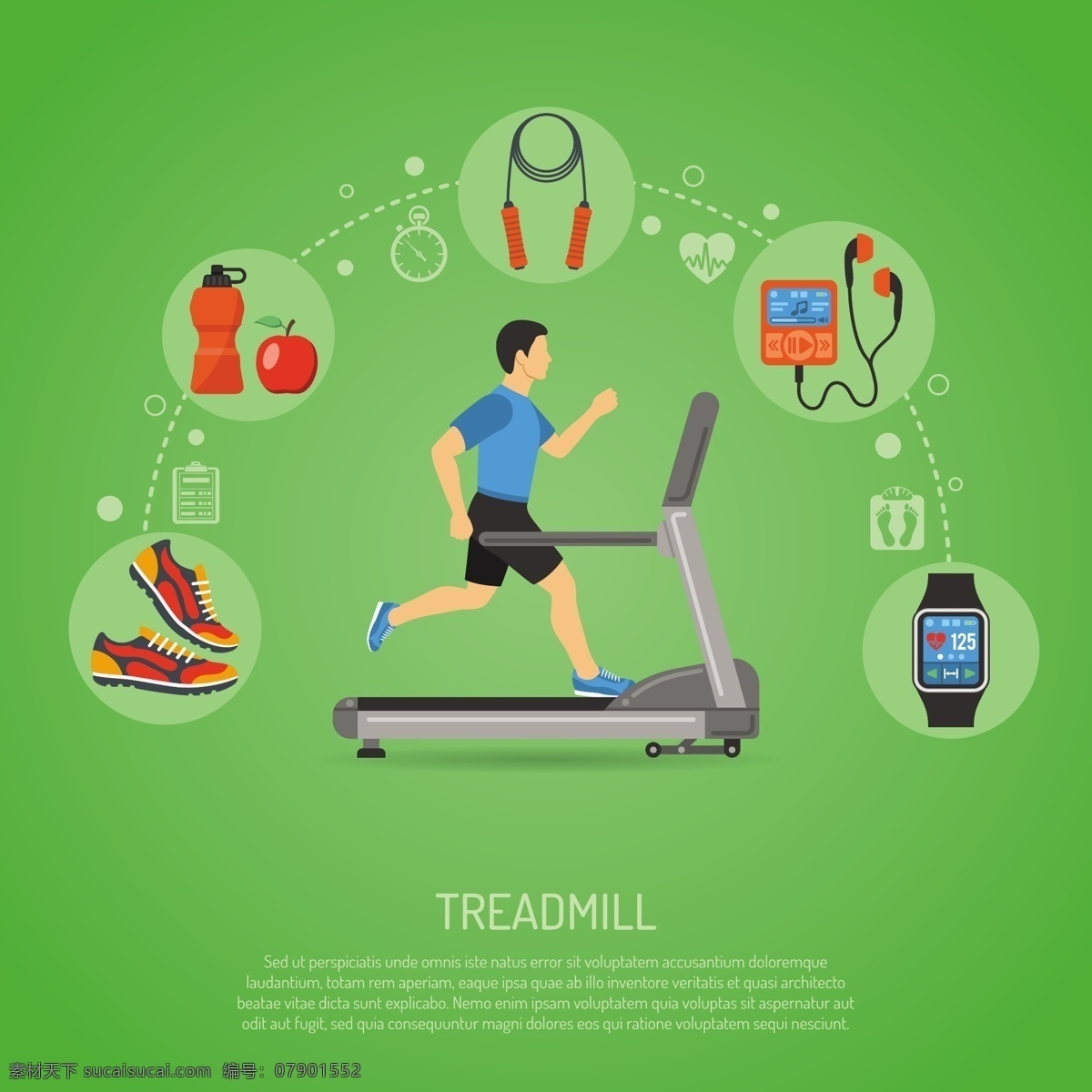男士 跑步 健身 矢量 运动 锻炼 运动装备 运动鞋 跳绳 随身听 运动手表 跑步机 绿色背景 商务金融 商业插画