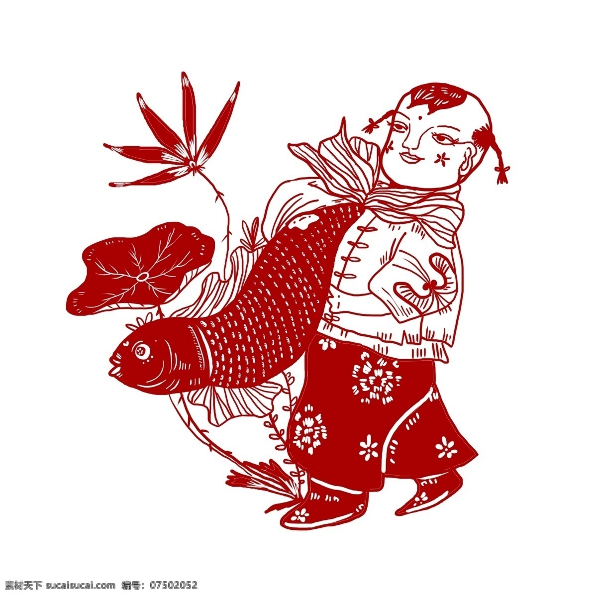 手绘 福娃 锦鲤 剪纸 窗花 元素 鱼