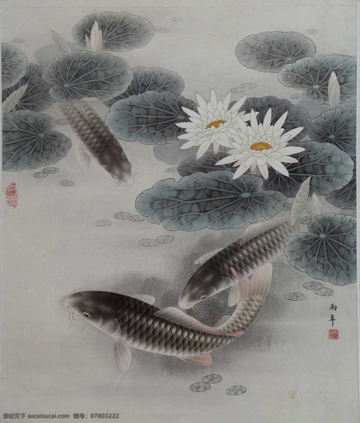 路雨年工笔画 路雨年 工笔画 工笔鱼 红鱼 花鸟 工笔花鸟 绘画 荷花 莲花 睡莲 荷花鱼 鱼 金鱼 鲤鱼 锦鲤 美术 国画 生物世界 鱼类