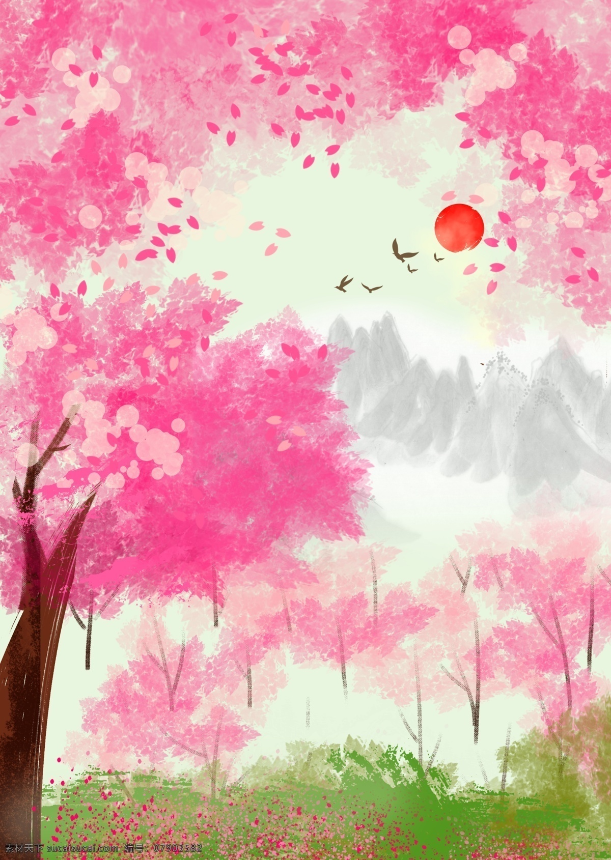 粉色 唯美 手绘 古风 桃花 背景 背景设计 桃花季 古典背景 桃花节 桃花展架