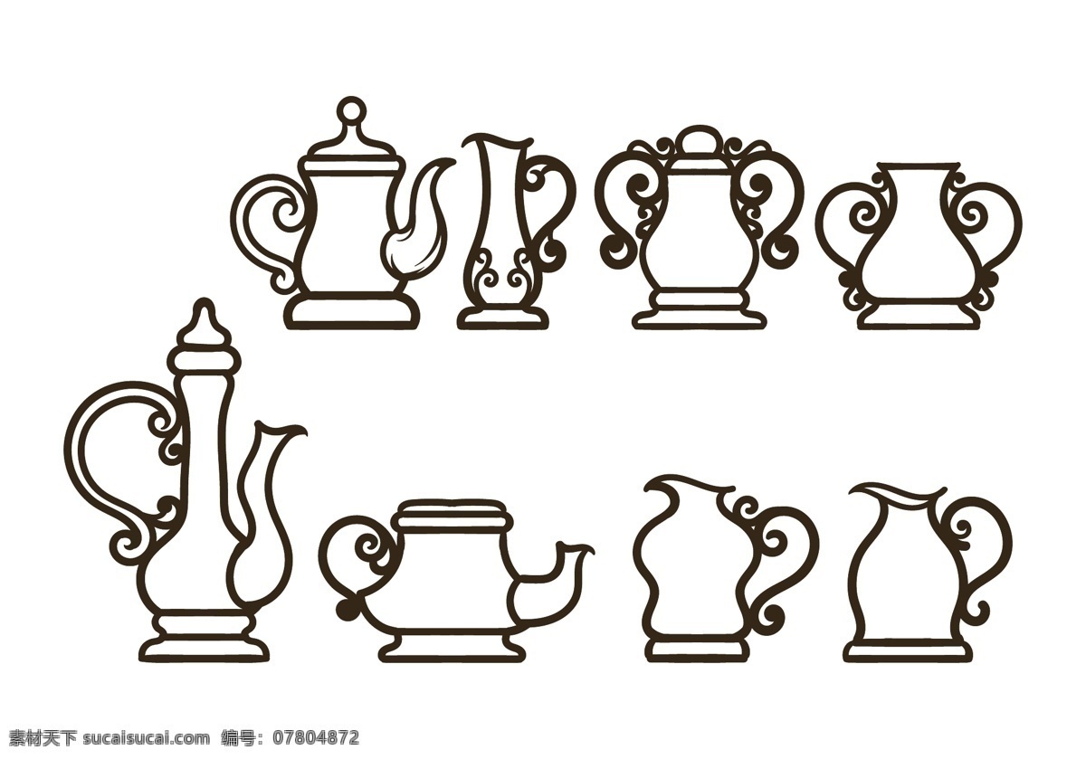 创意 手绘 茶壶 茶饮用具 下午茶 茶饮 茶 饮料 杯子 矢量素材 手绘茶壶 咖啡壶 创意花纹
