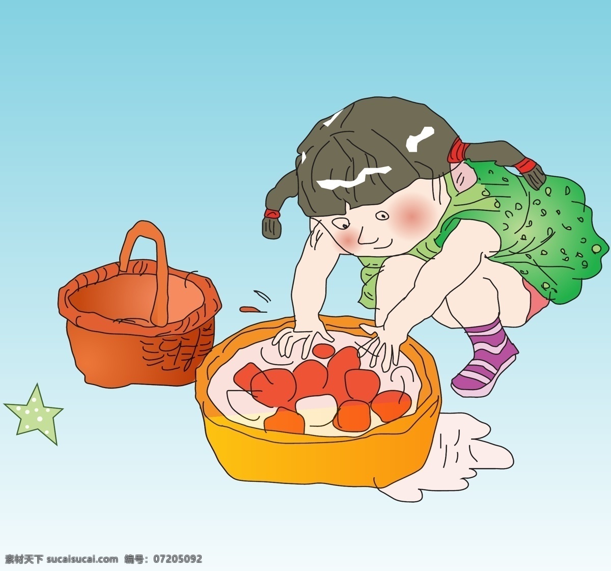 洗枣的小女孩 小女孩 裙子 绿色裙子 羊角辫 篮子 水池 水盆 水花 红枣 水果 夏天 儿童 插画 漫画 绘本 矢量 凉鞋 袜子 矢量图 人物图库 儿童幼儿 白色