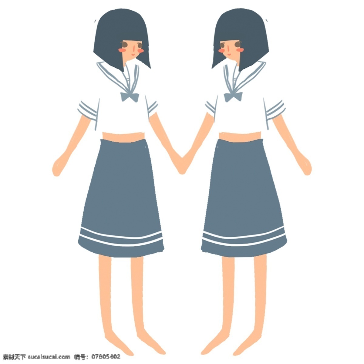可爱 短发 少女 装饰 元素 学生 美丽 牵手 装饰元素 手绘 校服