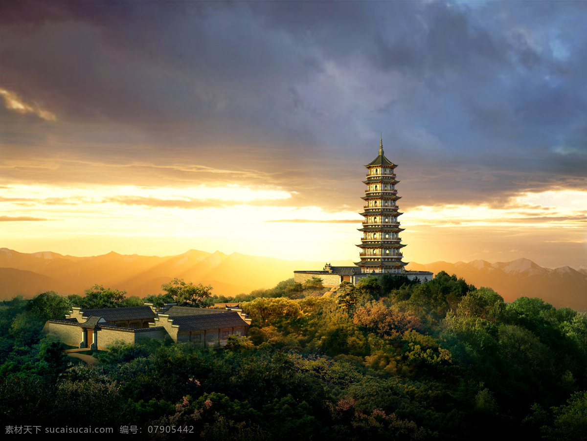 山上 树林 间 宝塔 美丽城市 天空 蓝天 黄昏 晚霞 山 山间 树木 住房 古建筑 塔 风景 自然美景 郊外 高清图片 城市风光 环境家居
