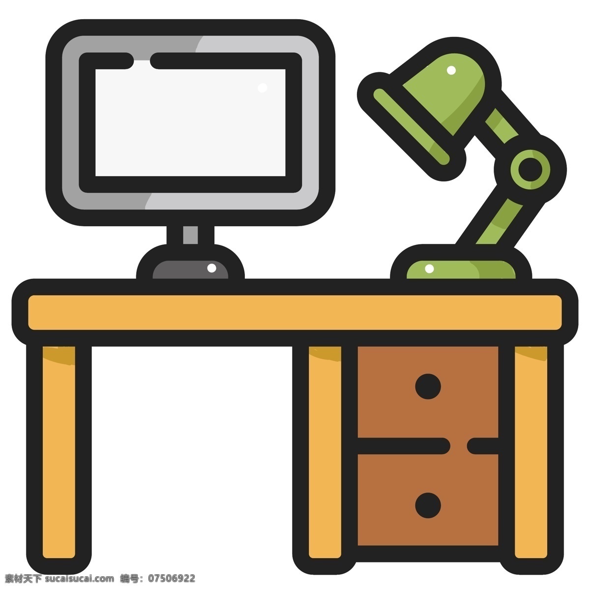 扁平化 办公桌 装饰 插画 木质桌子 扁平化办公桌 绿色台灯 电脑显示屏 灰色的电脑 办公室 办公用品
