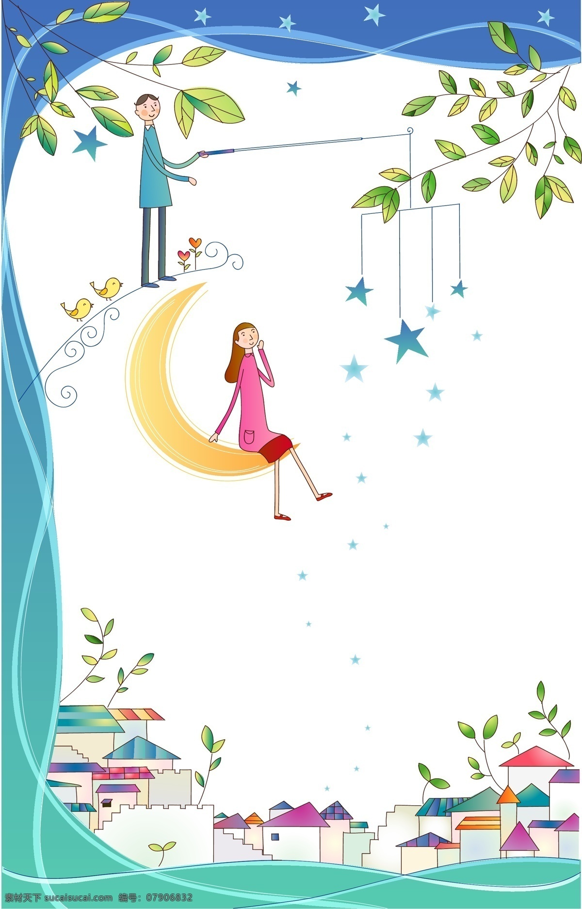 月亮上的恋人 童话插画 插图 浪漫 月亮 星星 恋人 白色