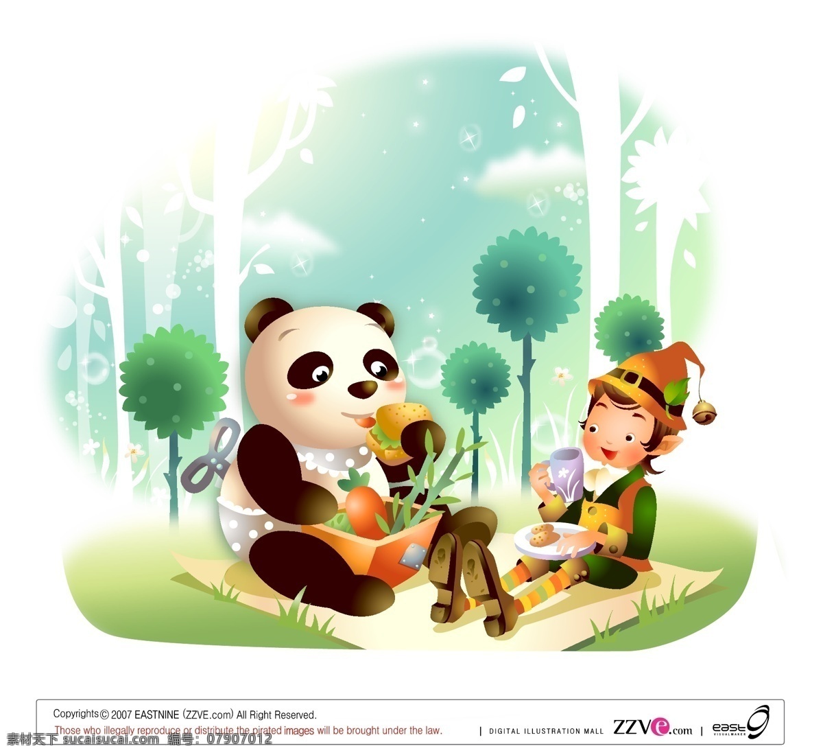 和熊猫野餐 童话插画 熊猫 孩子 野餐 白色