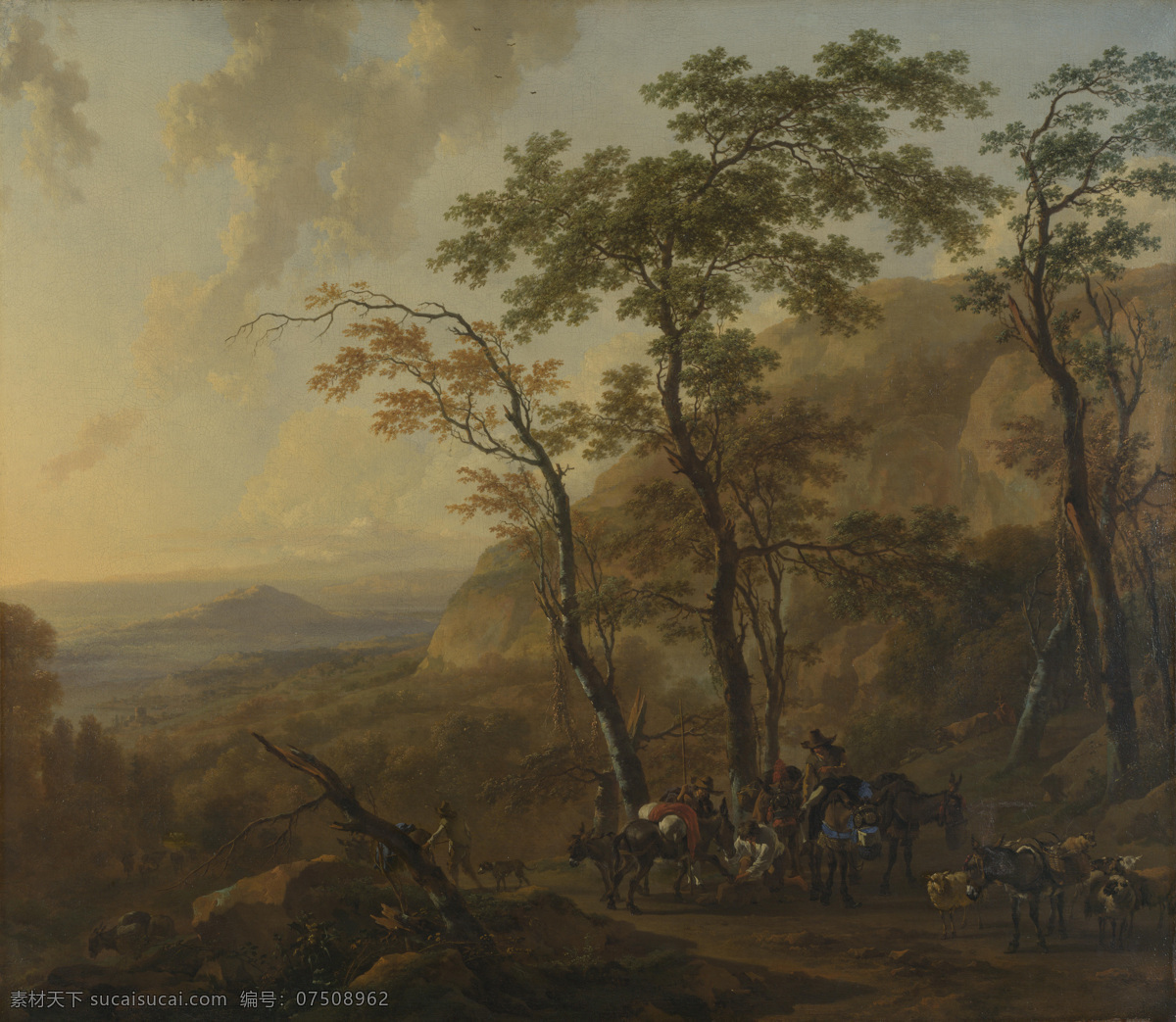 muleteers 大师 画家 古典 画 建筑 景物 装饰画 油画 with landscape mountainous berchem nicolaes 人物 高清 西方 国外 现代 家居装饰素材