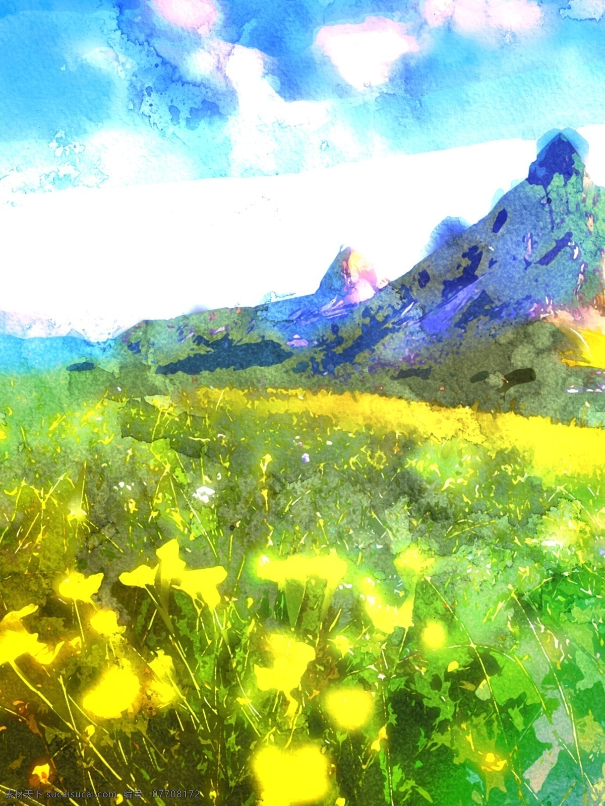 全 原创 水彩 手绘 唯美 风景 花草 山峰 背景 绿色 蓝色 banner 广告 天空 插画 风格 黄色 青草 山