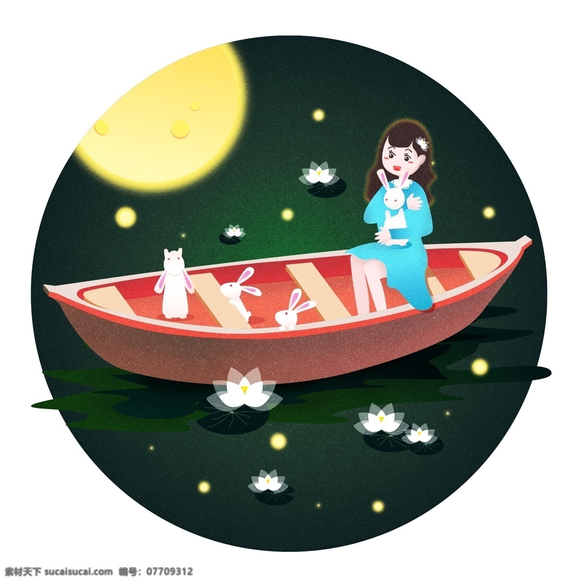 中秋节 月 兔 一起 赏月 矢量 元素 商用 原创 唯美 手绘 月亮 女孩 莲花 玉兔 月兔 小船 河水