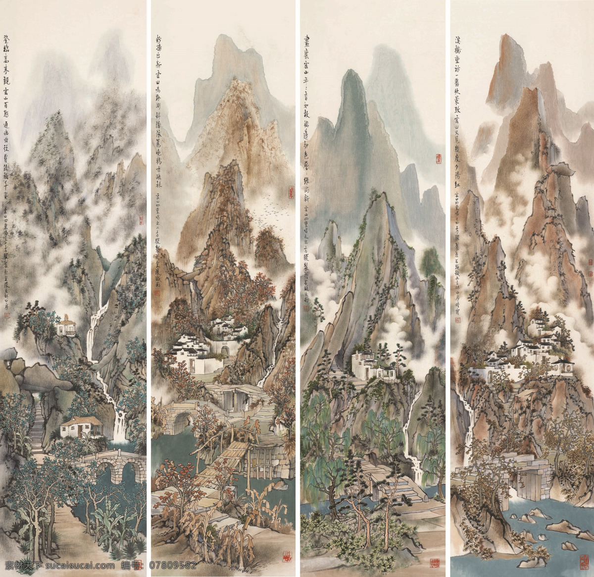 云山四重唱 方骏作品 山水 民居 春夏秋冬 四景 中国古代画 中国古画 绘画书法 文化艺术