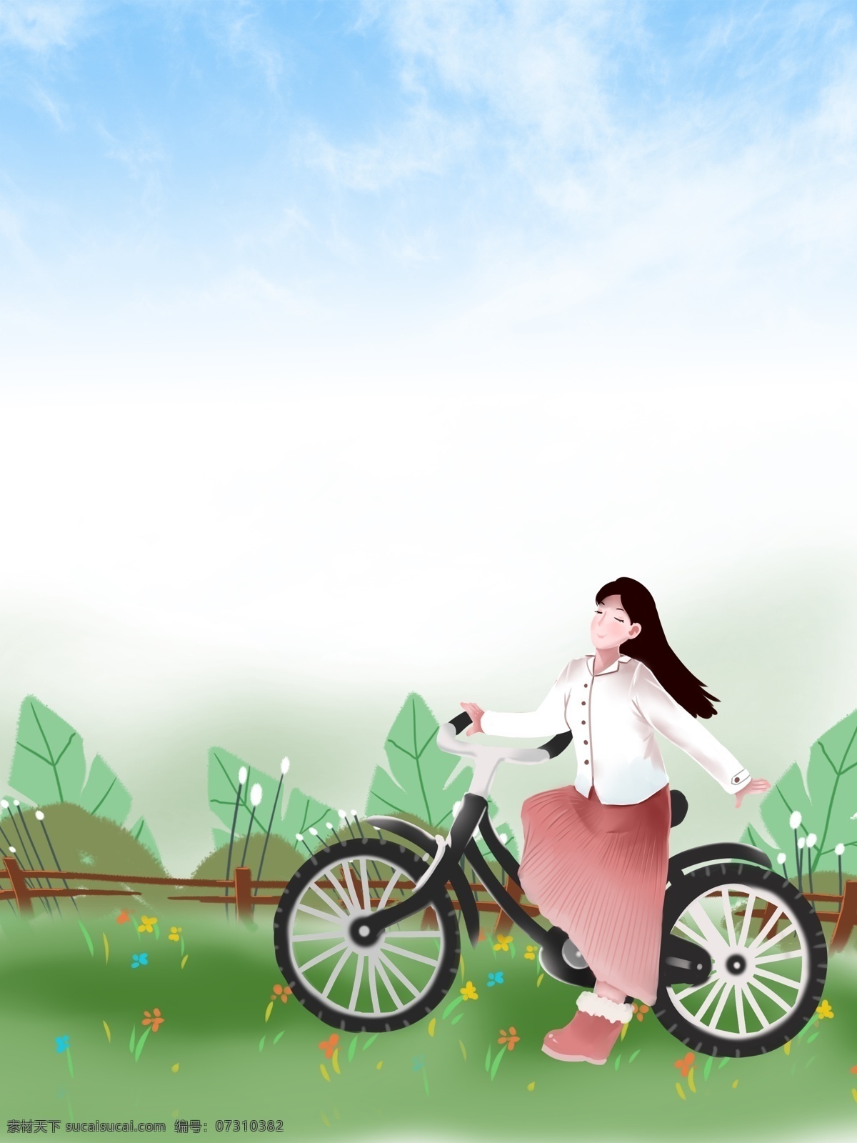 春季 郊外 女孩 骑车 背景 女孩骑车 植物 篱笆 蓝天白云 手绘 草地