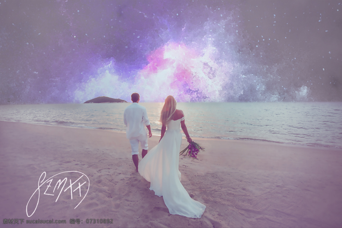 陪你看星辰 婚纱 情侣 大海 沙滩 梦幻紫 签名 炫光