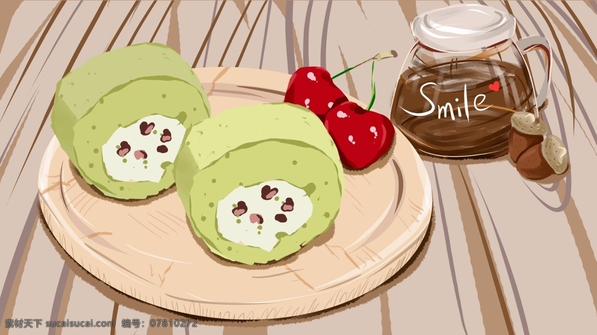 下午 茶 甜点 隧道 卷 美食 蛋糕 插画 小清新 壁纸 手绘 咖啡 盘子 榛子 隧道卷 樱桃 配图