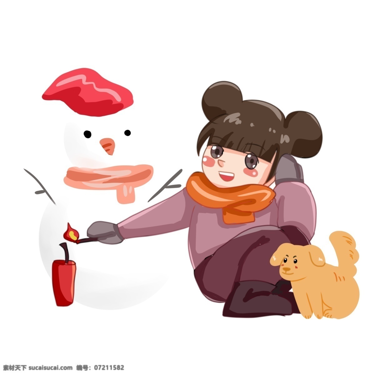 卡通 白色 雪人 女孩 可爱女孩 放鞭炮 烟花 白色雪人 小狗 炮竹 爆竹 礼花 新年烟花 过节 节日庆典 年味