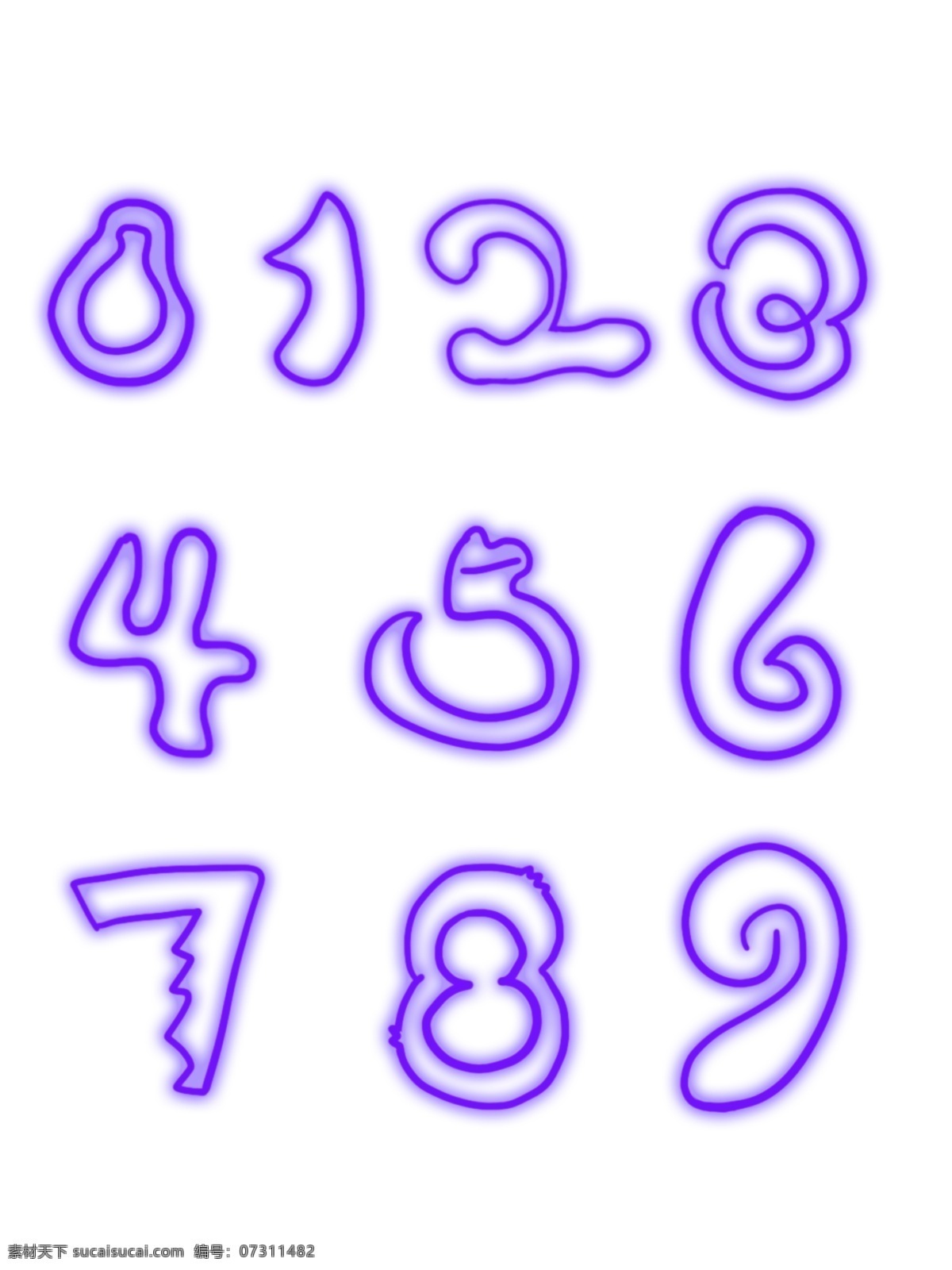 蓝紫色 荧光 数字 发光 光效 组图 光晕 光 装饰 设计元素 荧光数字 发光数字