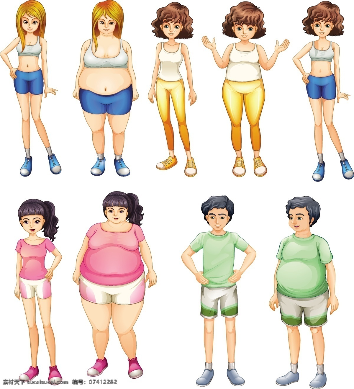 减肥 成功 男女 瘦身 男孩 女孩 卡通人物 人物插图 儿童幼儿 矢量人物 矢量素材 白色